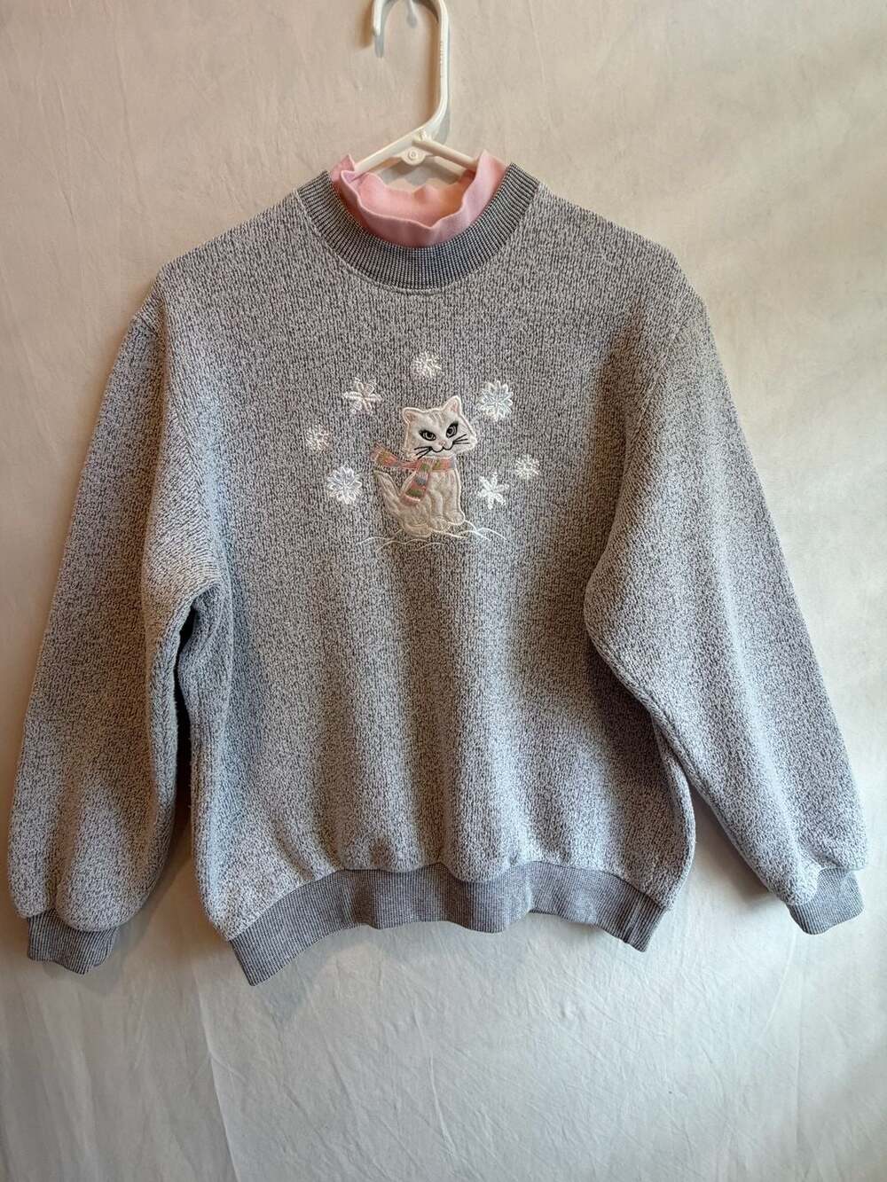 Vintage BonWorth Gray Cat Embroidered Sweatshirt Mock Neck Large